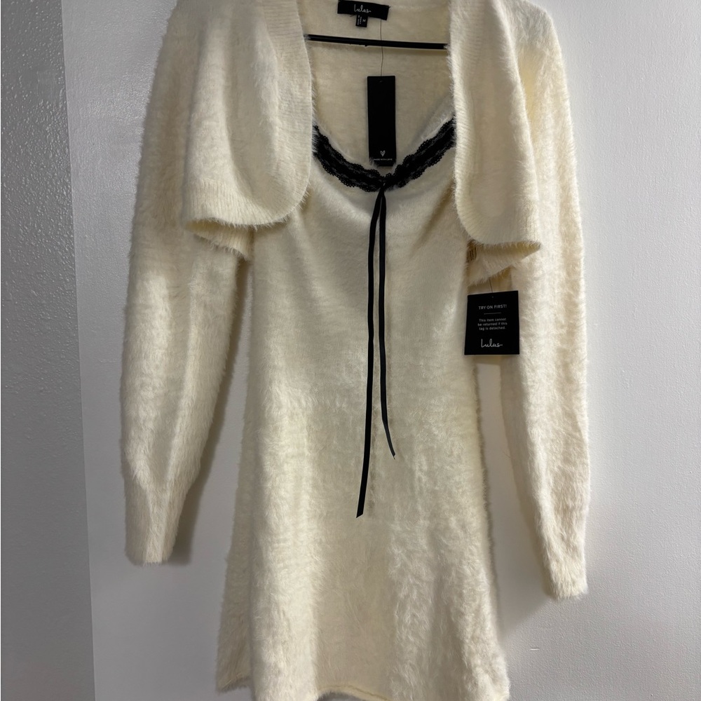 Lulu's Cream Fuzzy Knit Dress with Bolero Shrug